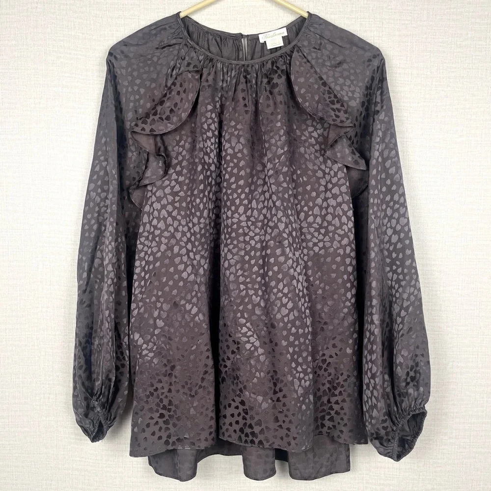 Shoshanna Brown Silk Satin Animal Heart Print Ruffled Blouse Top